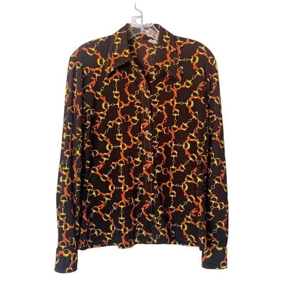 Vintage 70's Dark Brown, Yellow and Orange Equestrian Print Collared Button Up - Picture 12 of 12